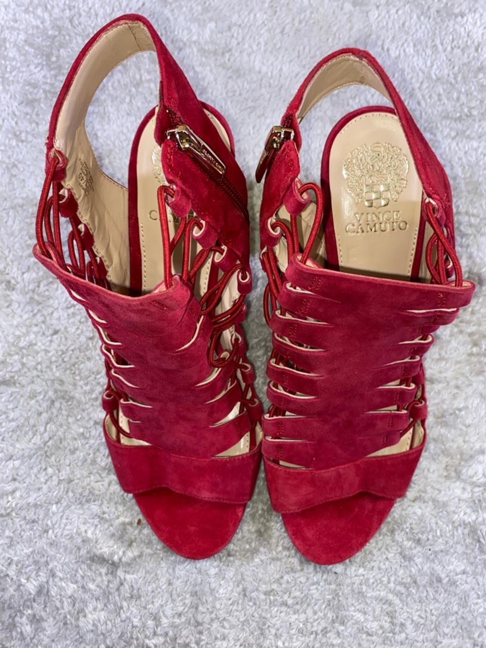 Vince Camuto Red Suede Strappy Cage Heels